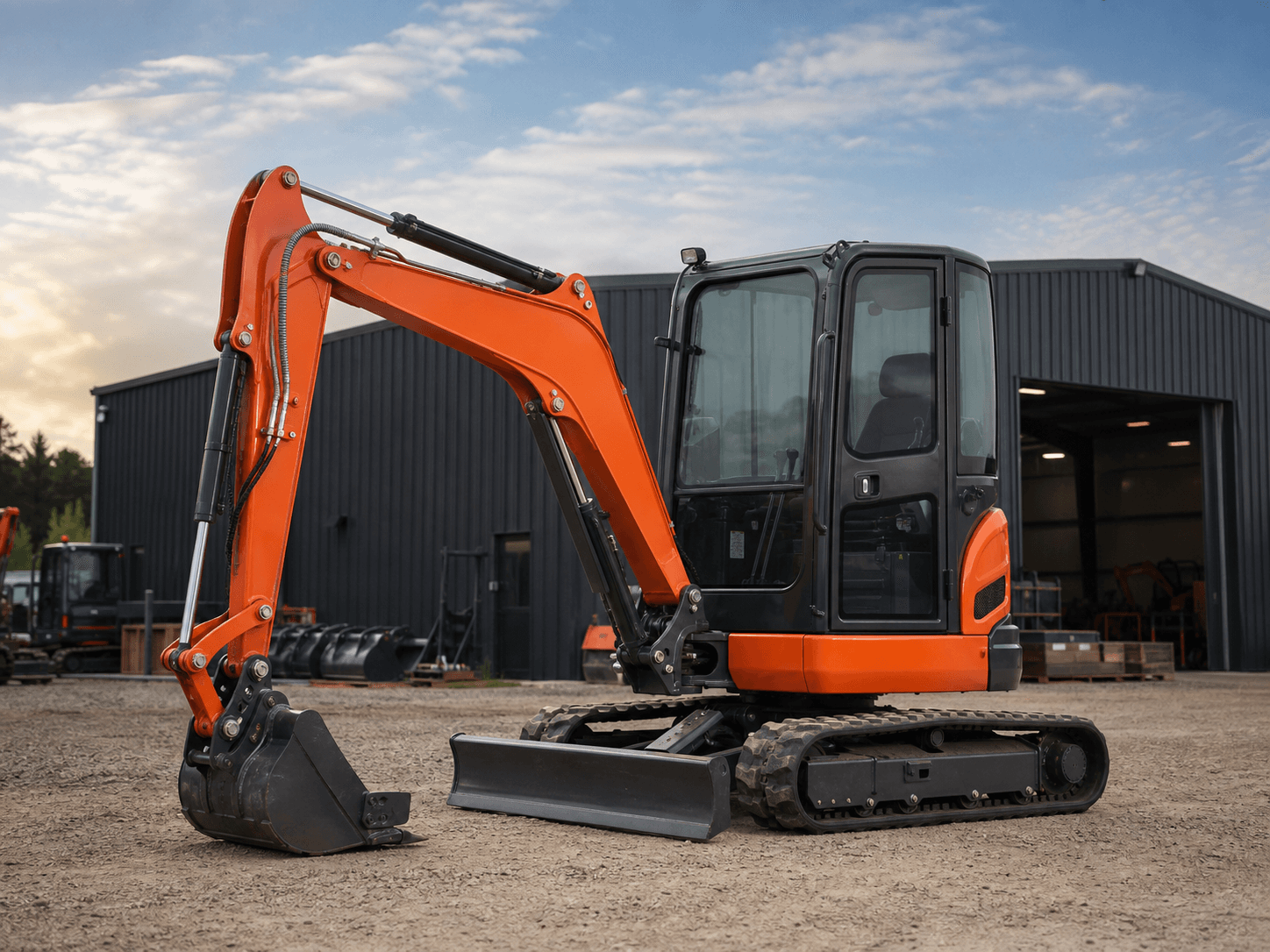 Orange mini excavator displayed in front of a workshop